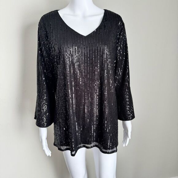 Grace Karin Sequin V-Neck Bell Sleeve Top Black Sz 2XL - Picture 1 of 8